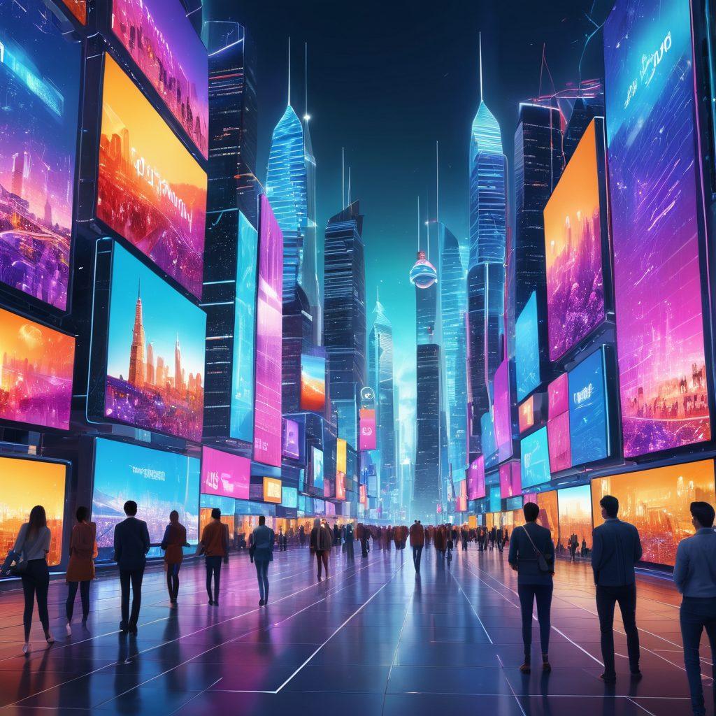 A dynamic, futuristic city skyline illuminated with digital screens showcasing various digital marketing strategies like social media ads, SEO graphs, and email campaigns. People engaging with their devices in the foreground, demonstrating interaction with digital platforms. A vibrant burst of colors radiating from the screens, symbolizing growth and innovation. super-realistic. vibrant colors. 3D.