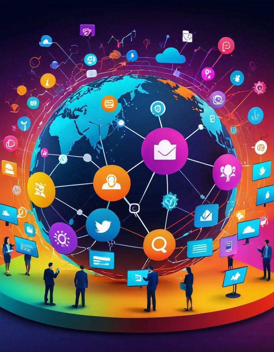 A dynamic digital landscape representing a thriving online business, with abstract icons symbolizing integrated services like SEO, social media, and e-commerce. Include vibrant lines connecting different elements to signify synergy and growth. Showcase a diverse group of professionals collaborating in a virtual environment, emphasizing innovation and success. futuristic style. vibrant colors. 3D.