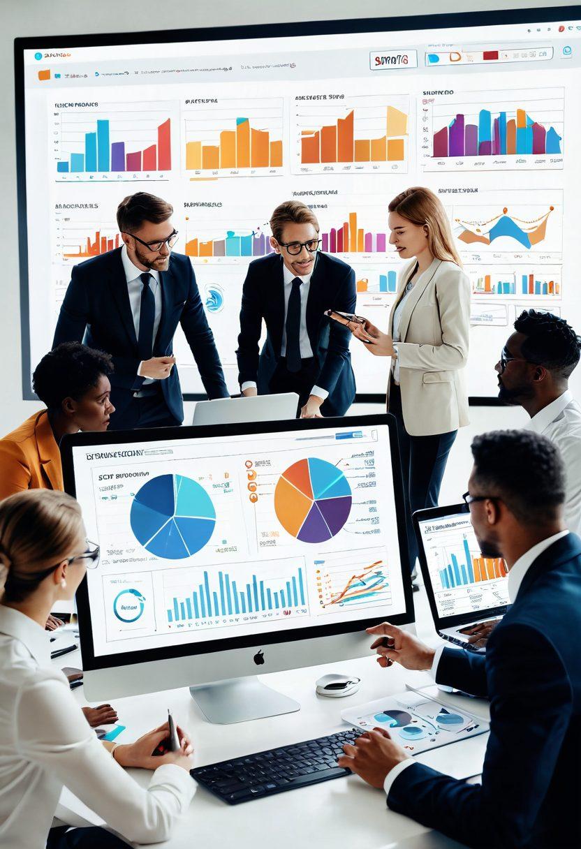 An innovative business meeting scene with diverse professionals collaborating over a digital interface showcasing web solutions and marketing strategies. Visual elements include charts, graphs, and laptops surrounded by futuristic technology, symbolizing success and transformation. A warm color palette exudes motivation and creativity. super-realistic. vibrant colors. white background.